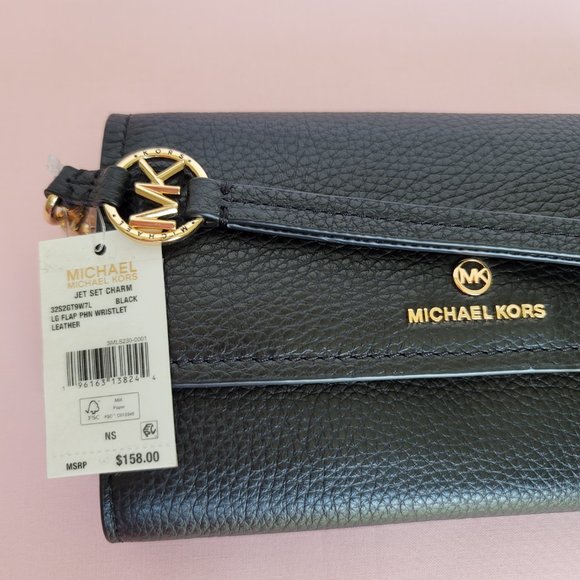 MICHAEL KORS Jet Set Charm Pebble Leather Large Flap Phone Wristlet-Black - Picture 16 of 16